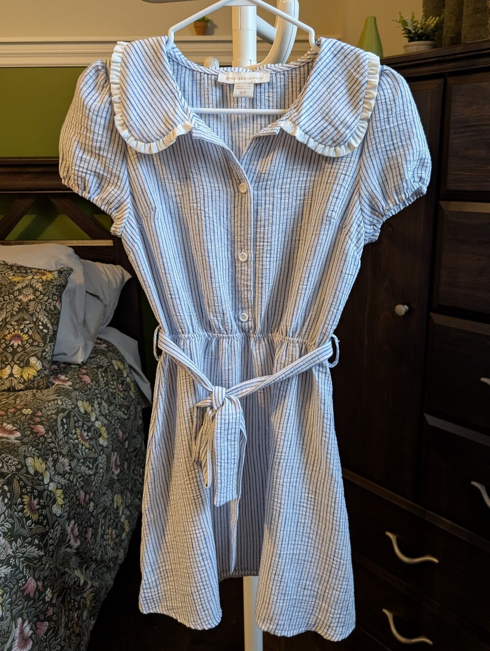 Monteau Blue Stripe Belted Button-Front Dress with Peter Pan Collar
